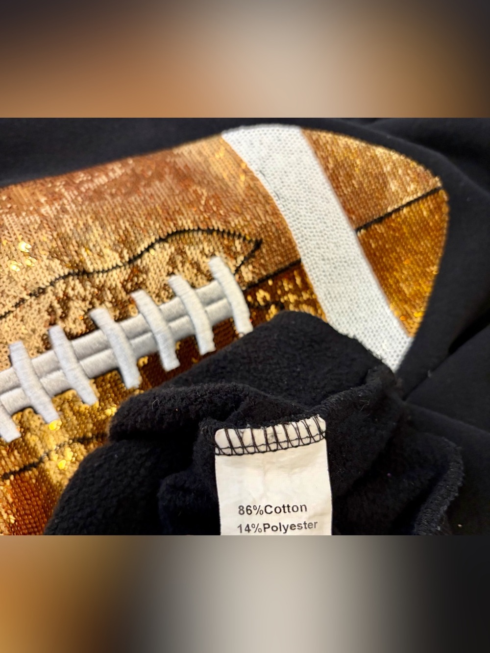 EUC! QUEEN OF SPARKLES Black Crewneck Sweatshirt w/Sequin Gold Football Graphic - Picture 7 of 7